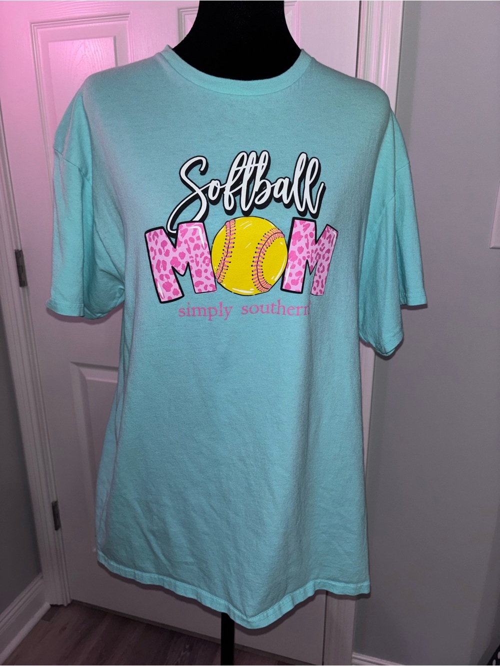 Simply Southern Aqua Short-Sleeve "Softball Mom" Tee with Pink Leopard Accents